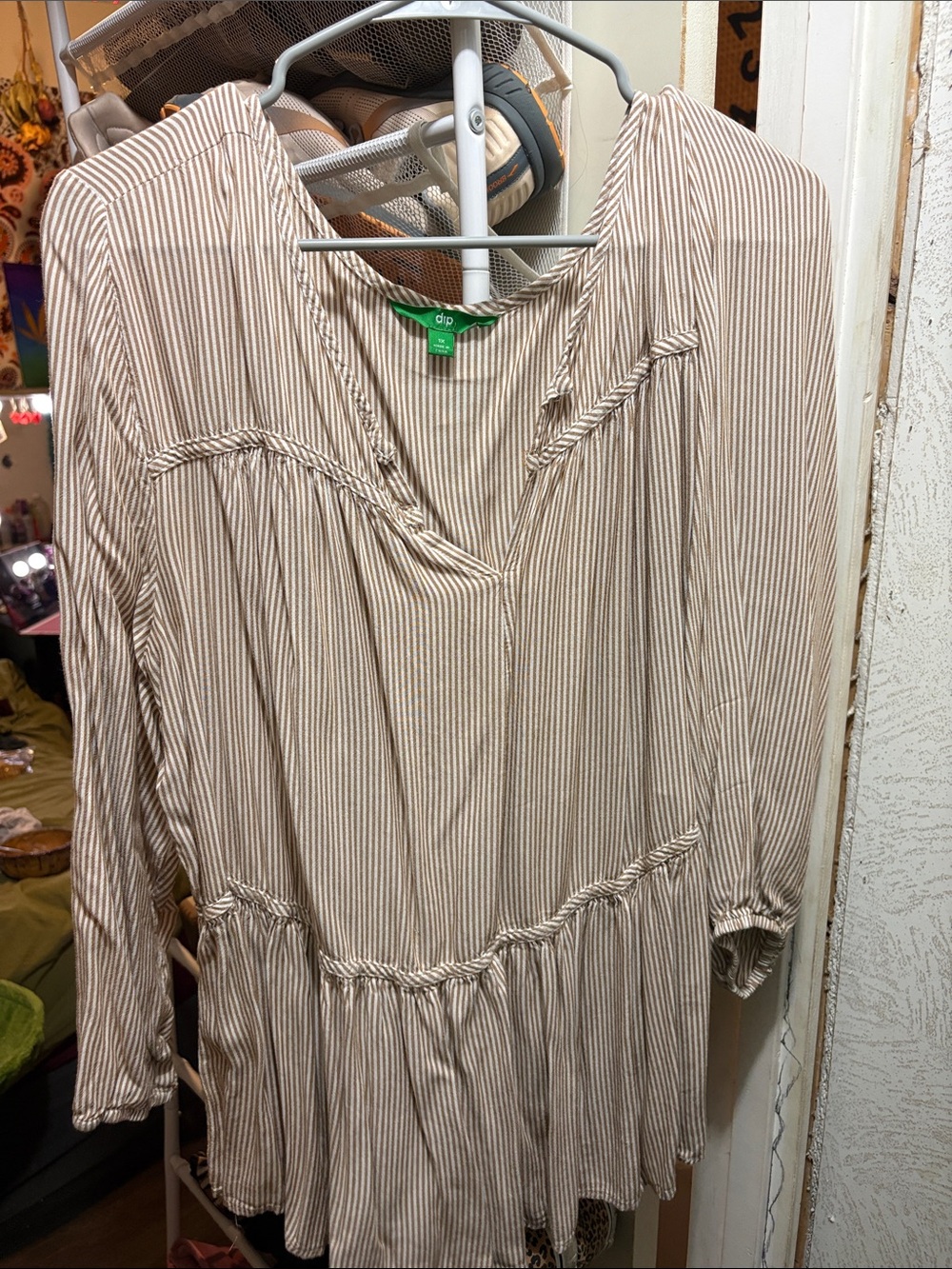 DIP Women's Cream & Brown Striped Long Sleeve Tunic Dress